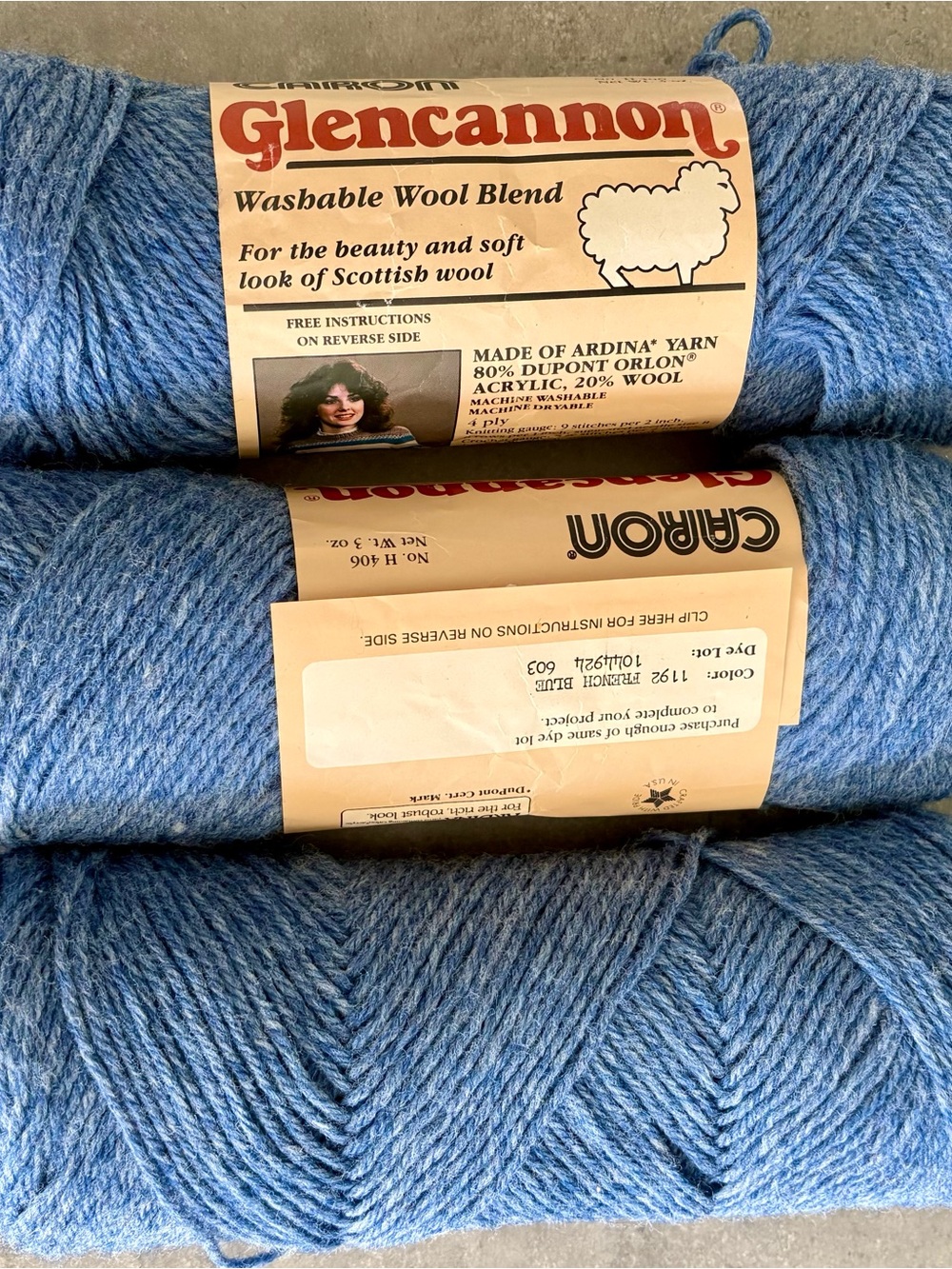 Vintage Glencannon Washable Wool Blend Yarn - “French Blue” 3 Skeins